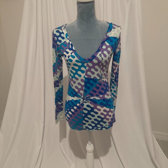 Emilio Pucci Retro Blue Psychedelic Multicolored Swirl Blouse - Picture 1 of 7